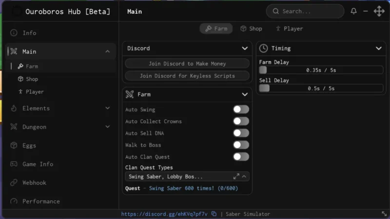 Saber Simulator Ouroboros Hub Script – Keyless, Auto Swing, Auto Farm, Auto Buy Aura