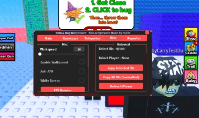 TROLL Hug Baby Tower RNDM Script – Keyless, God Mode, Fly, Noclip