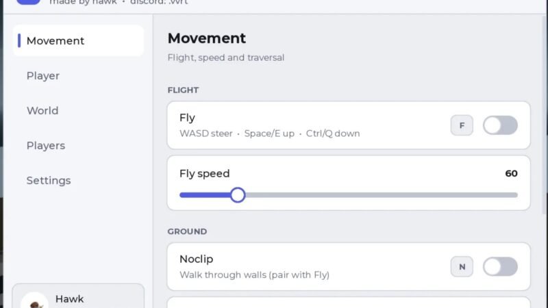 Universal Hawk’s Hub Script – Keyless, Fly, NoClip, Teleport, WalkSpeed
